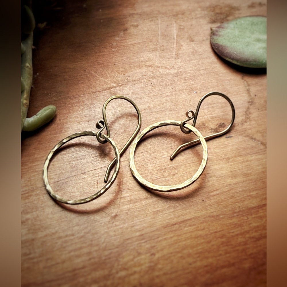 Handmade Hammered Brass New Moon Hoop Earrings